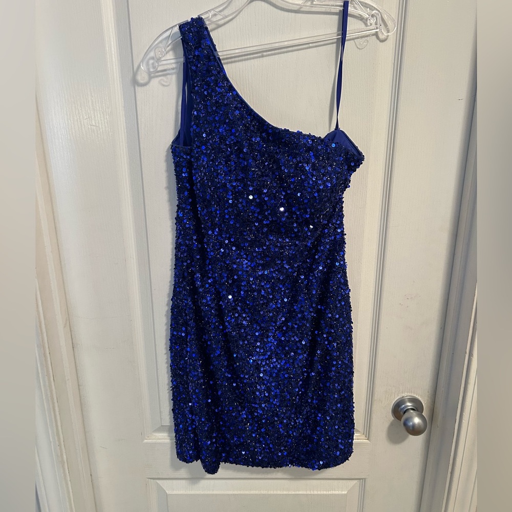 Royal Blue one shoulder sequin dress size Large EUC